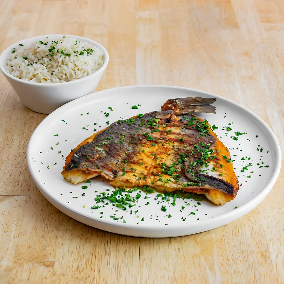Grilled fish fillet with crispy skin and parsley, served with a side of white rice.