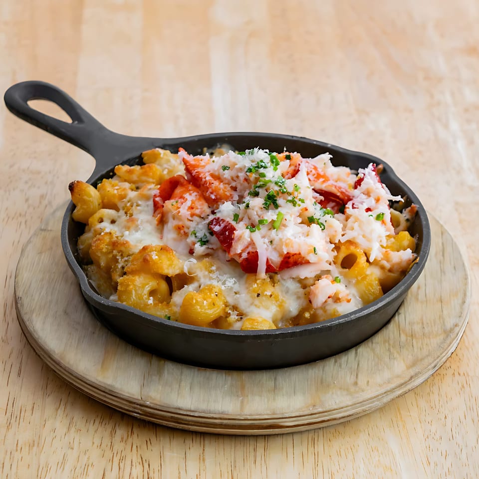 Lobster mac and cheese in a black cast iron skillet on a wooden serving board.