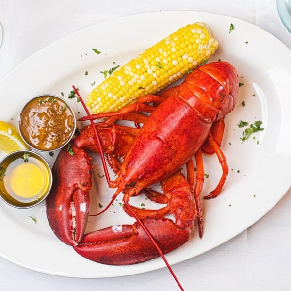 A vibrant red cooked lobster, corn on the cob, lemon, and two dipping sauces on a white plate.